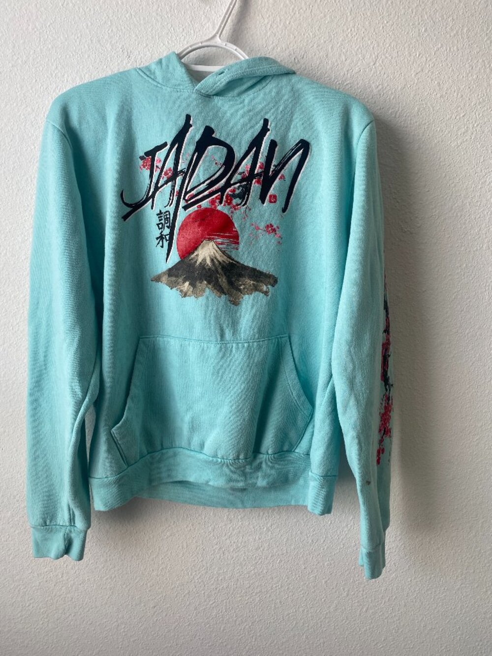 Launder Blue Pullover Japan Cherry Blossom Mount Fuji Graphic Hoodie size M